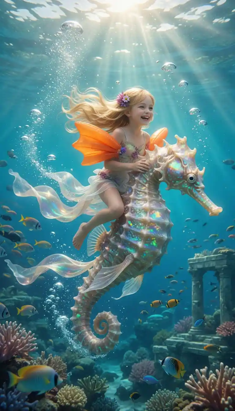 Joyful girl riding a giant seahorse in clear ocean