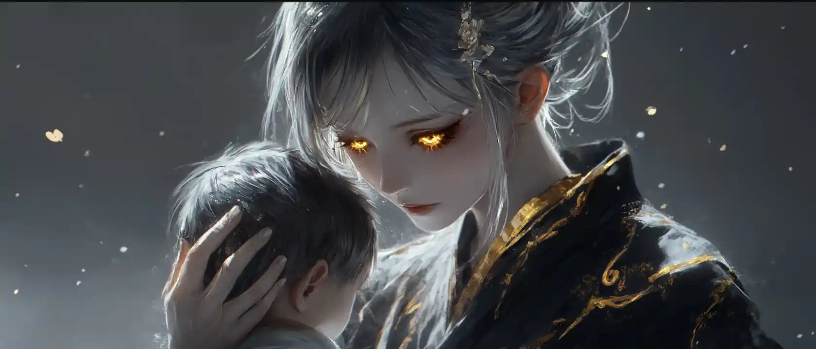Melancholic fantasy girl with golden eyes in dark atmosphere