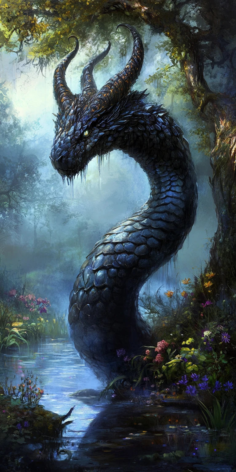 Horned serpent coiling around a tree by a misty lake