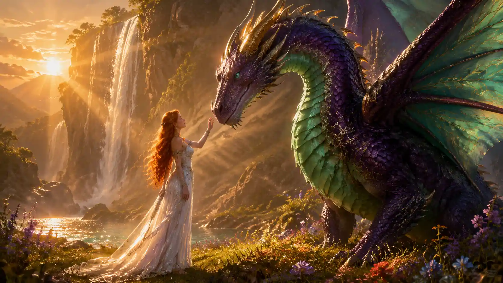 Woman in white gown reaching toward a majestic dragon