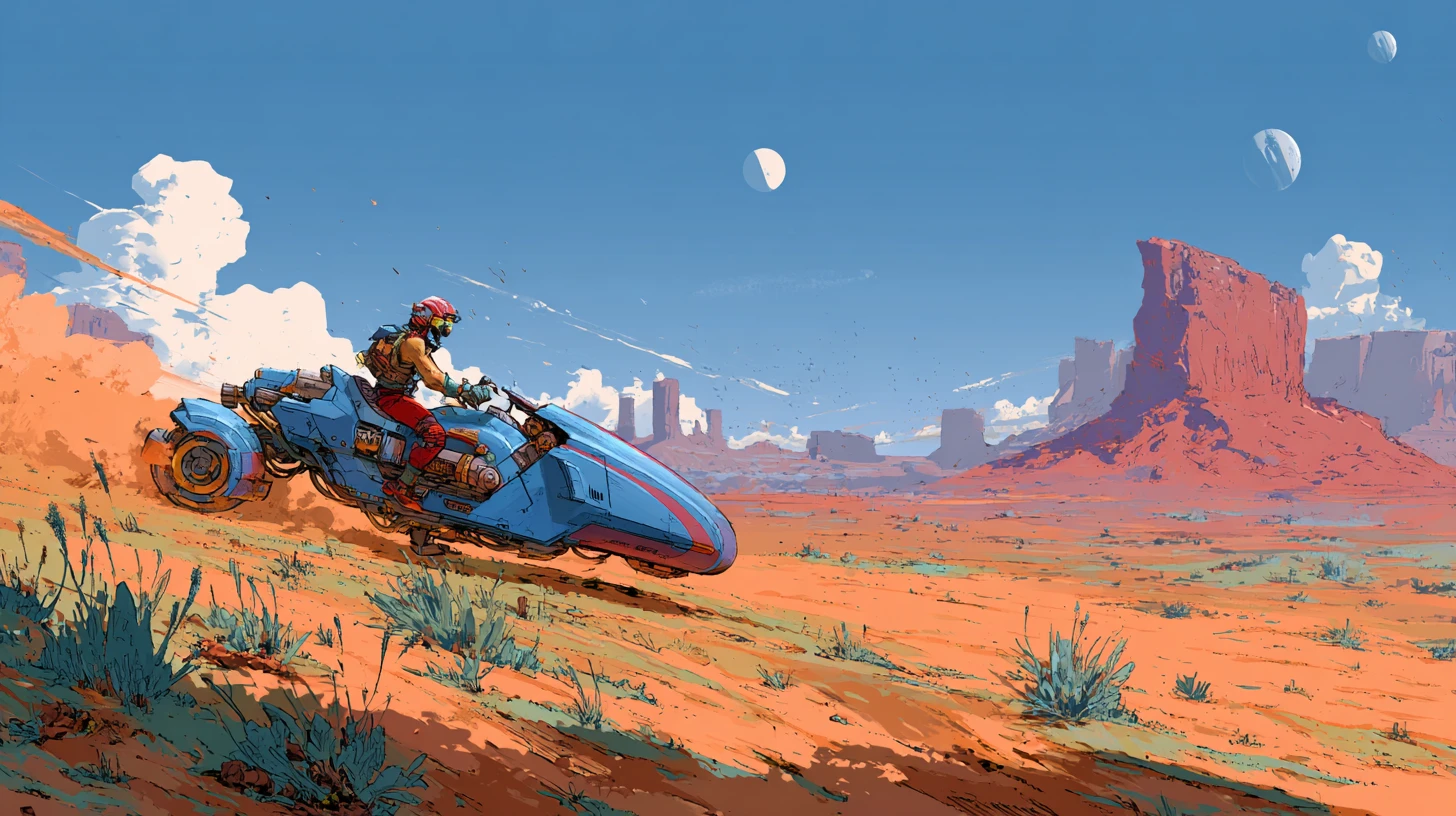 Futuristic speeder racing through an alien desert landscape