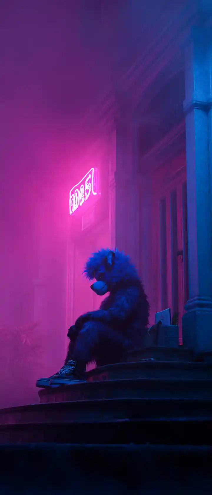 Blue furry character on a brownstone stoop under neon night glow