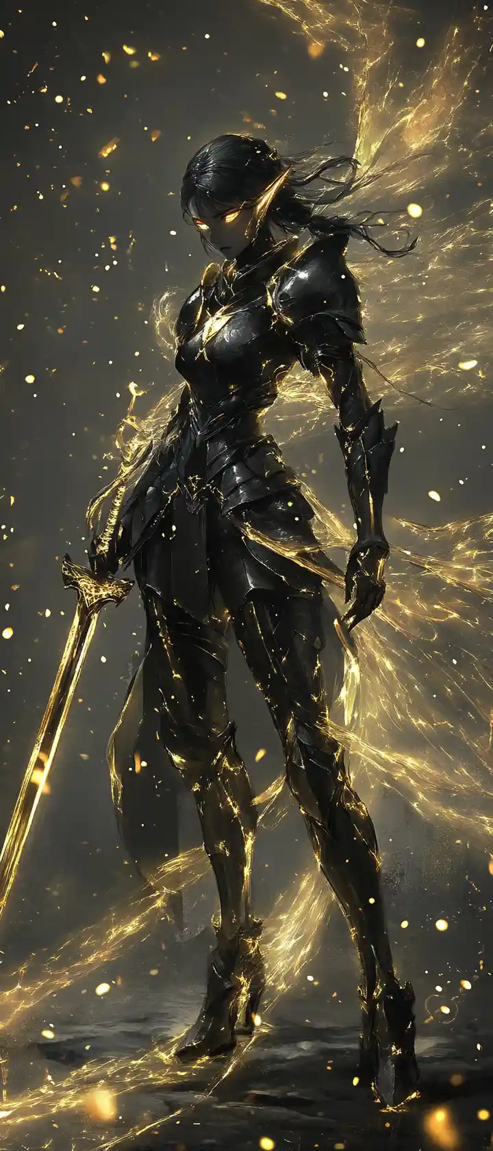 Melancholic paladin girl in black and gold armor