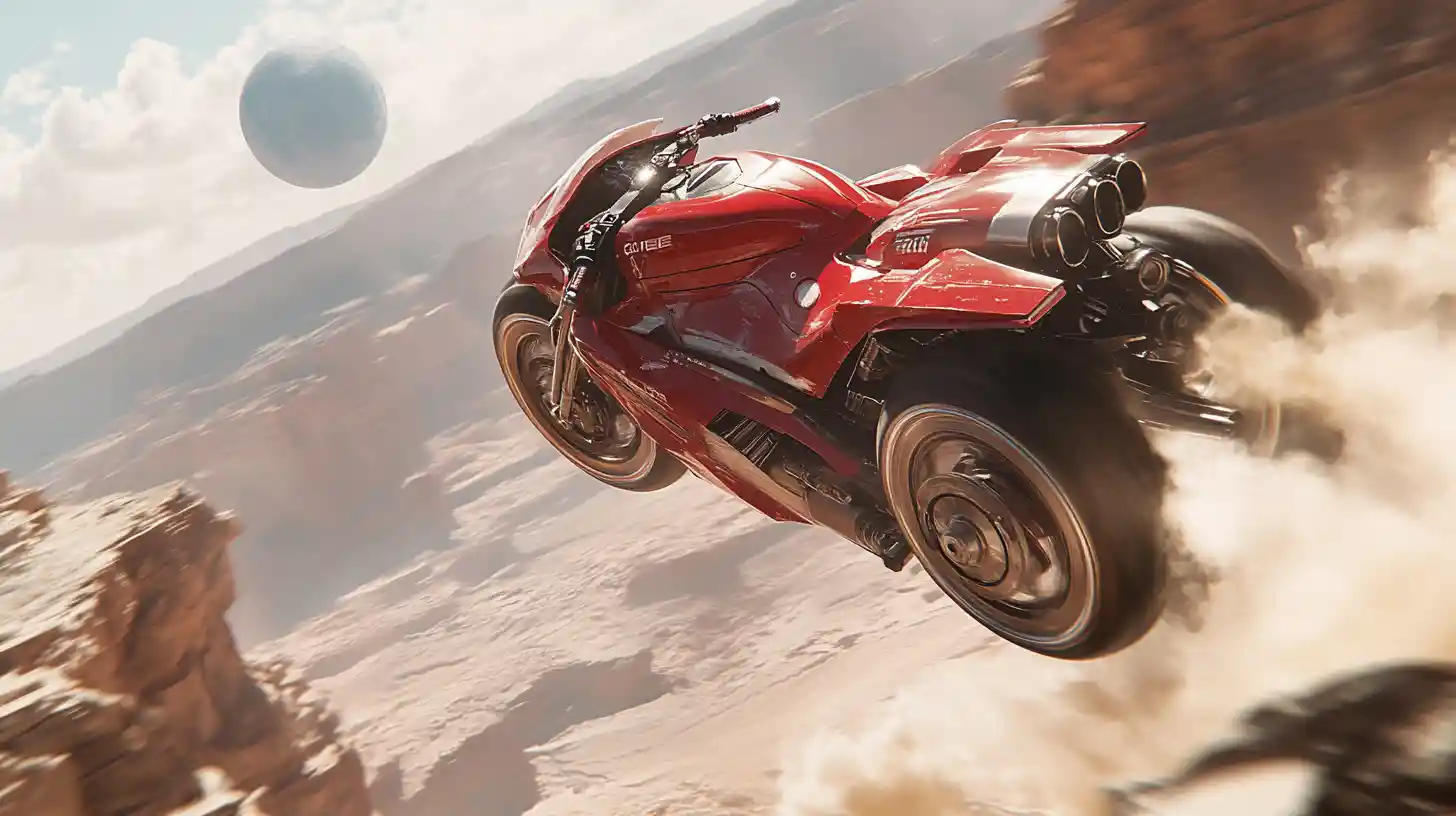 Futuristic red motorcycle soaring above an alien desert chasm