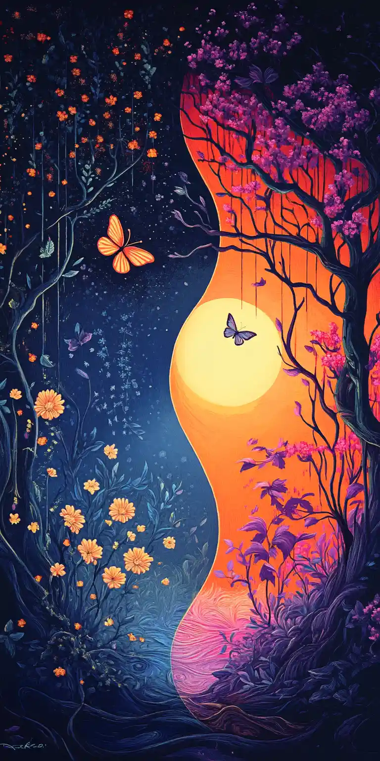 Mystical diptych of swirling patterns and glowing moonlit forest