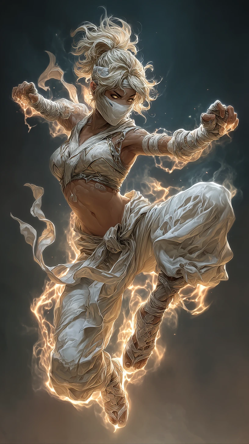 Mujer ninja vestida de blanco saltando con energía mágica brillante