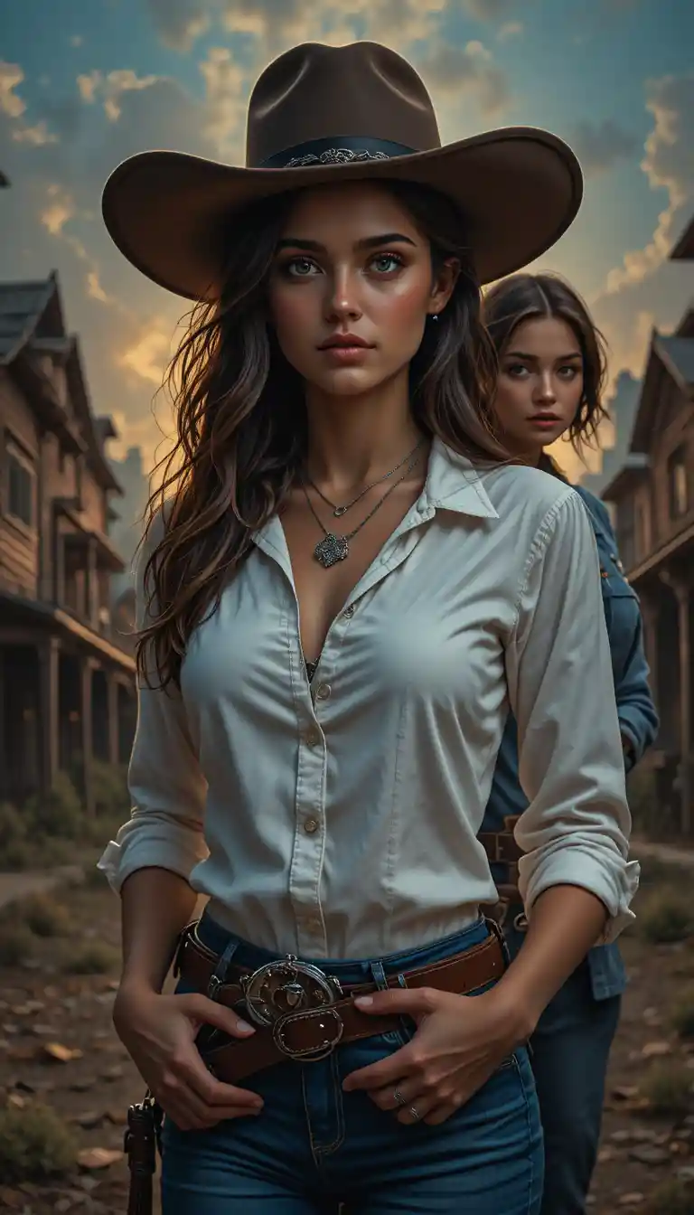Cowgirl with revolver in front of ghostly western town