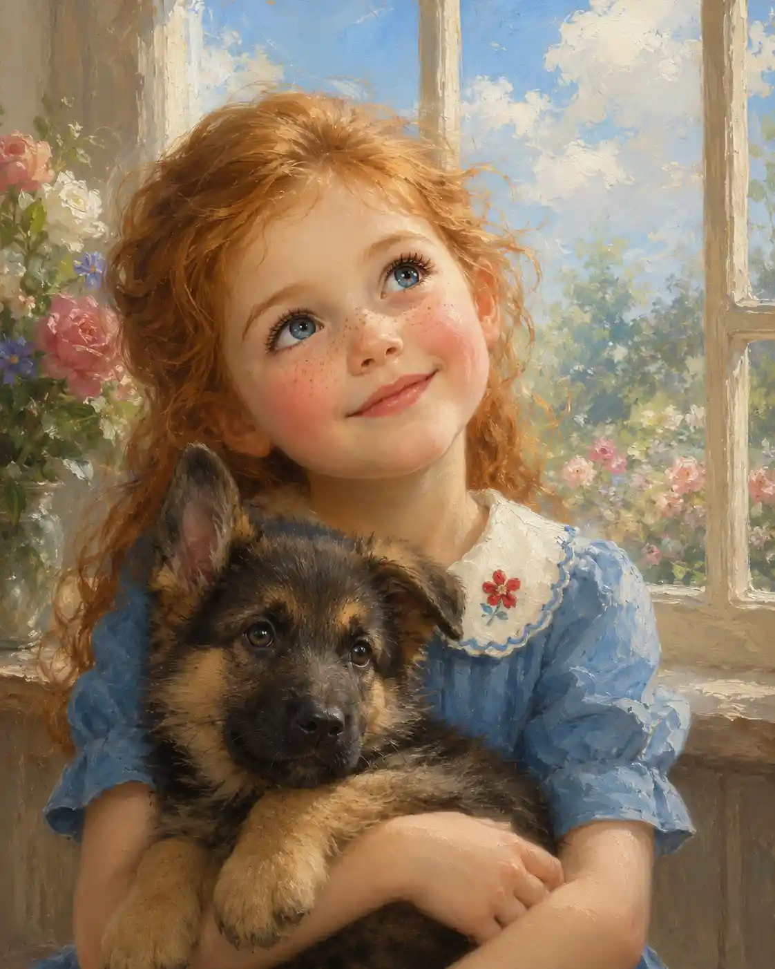Red haired girl holding a puppy by a bright window