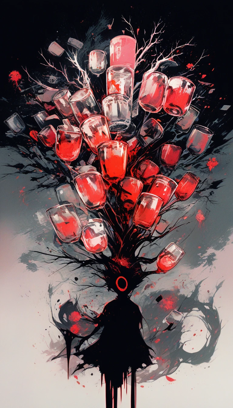 Criatura de sombra surreal que se transforma en silueta de árbol de alcohol