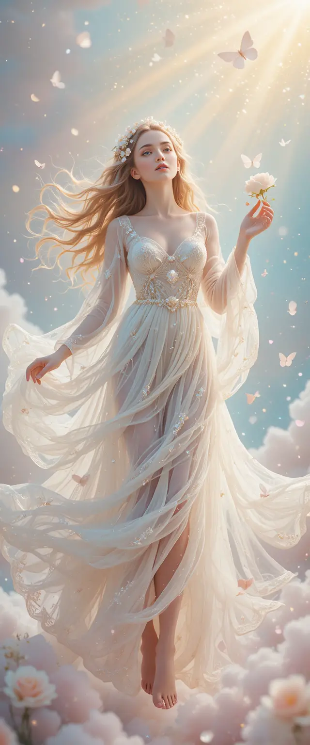 Ethereal woman in a luminous field of celestial light