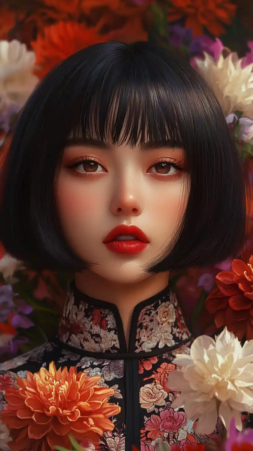Elegant anime woman with floral jacket and red lipstick