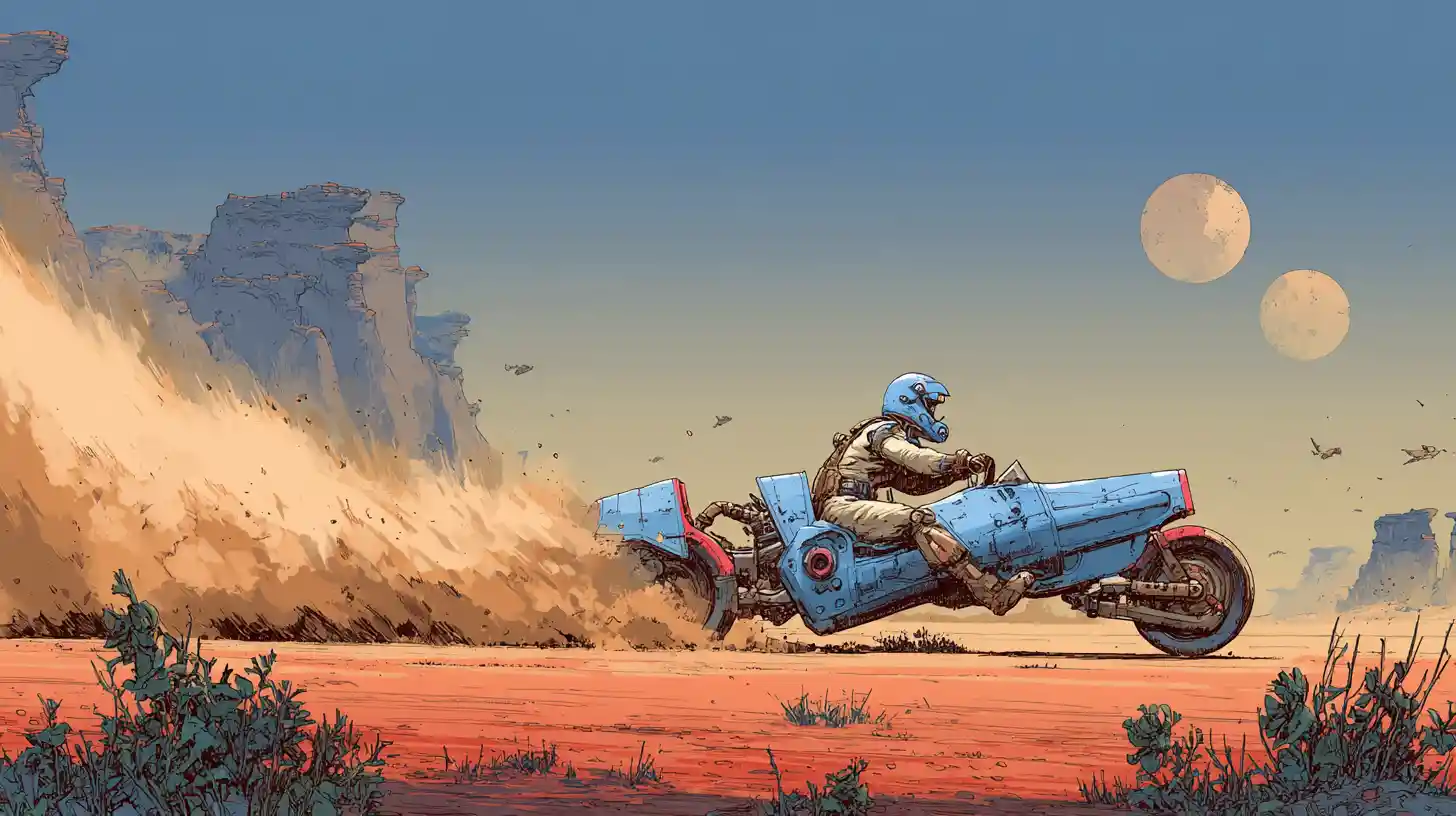 Sci fi speeder racing through an alien desert landscape