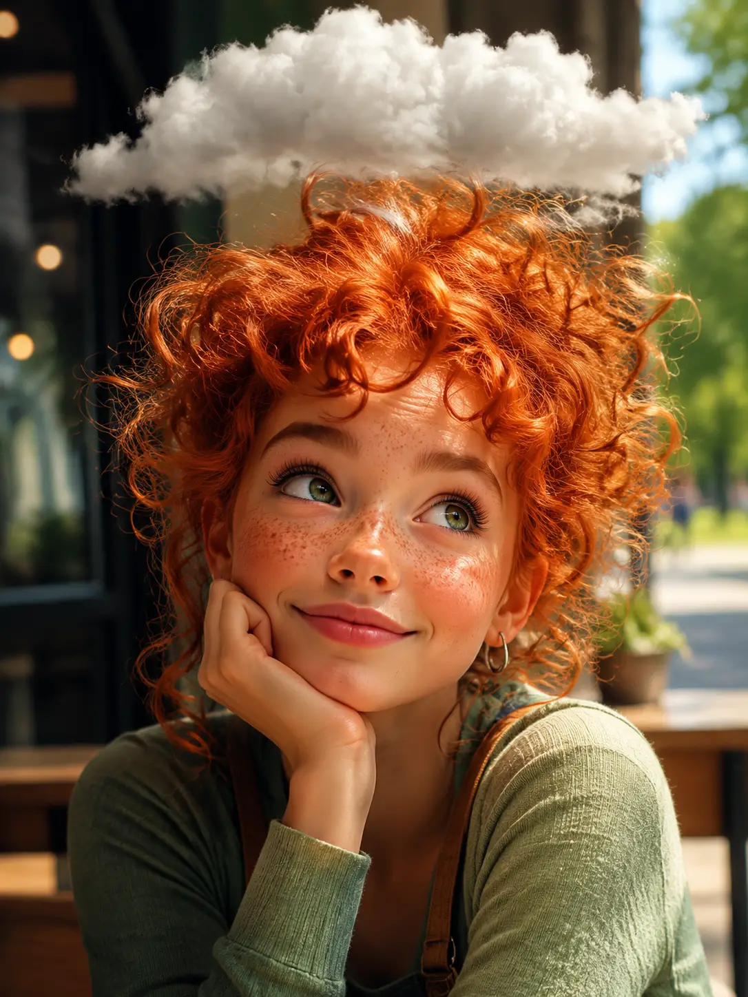 Dreamy red haired girl portrait with floating white cloud