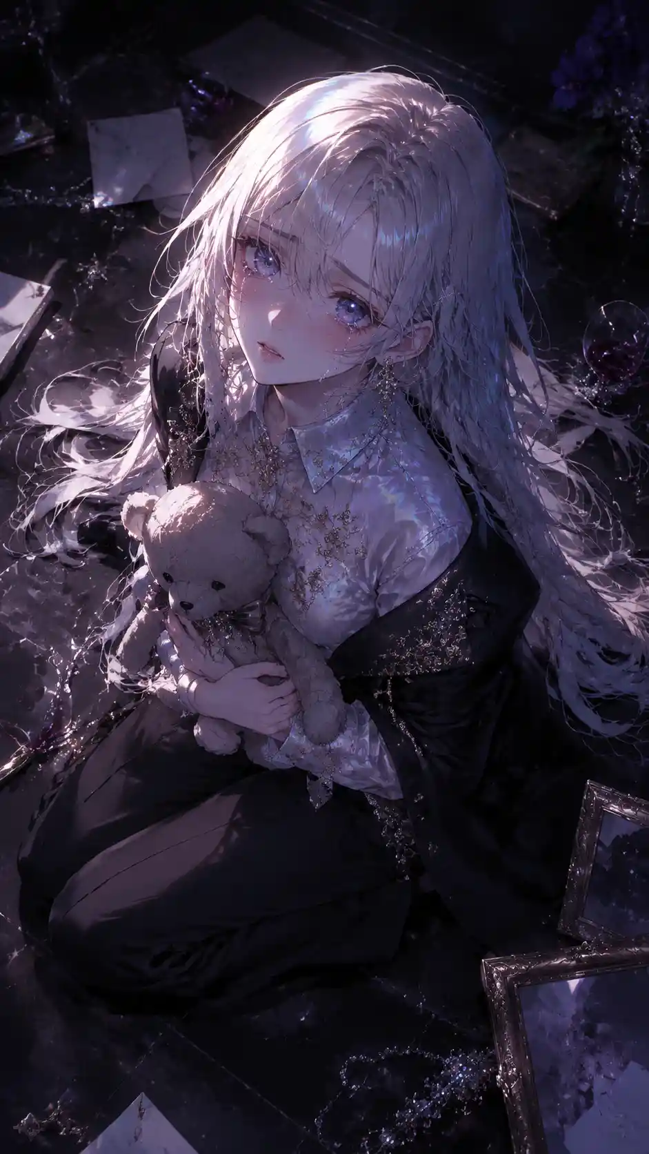 Crying anime girl holding a teddy bear from above