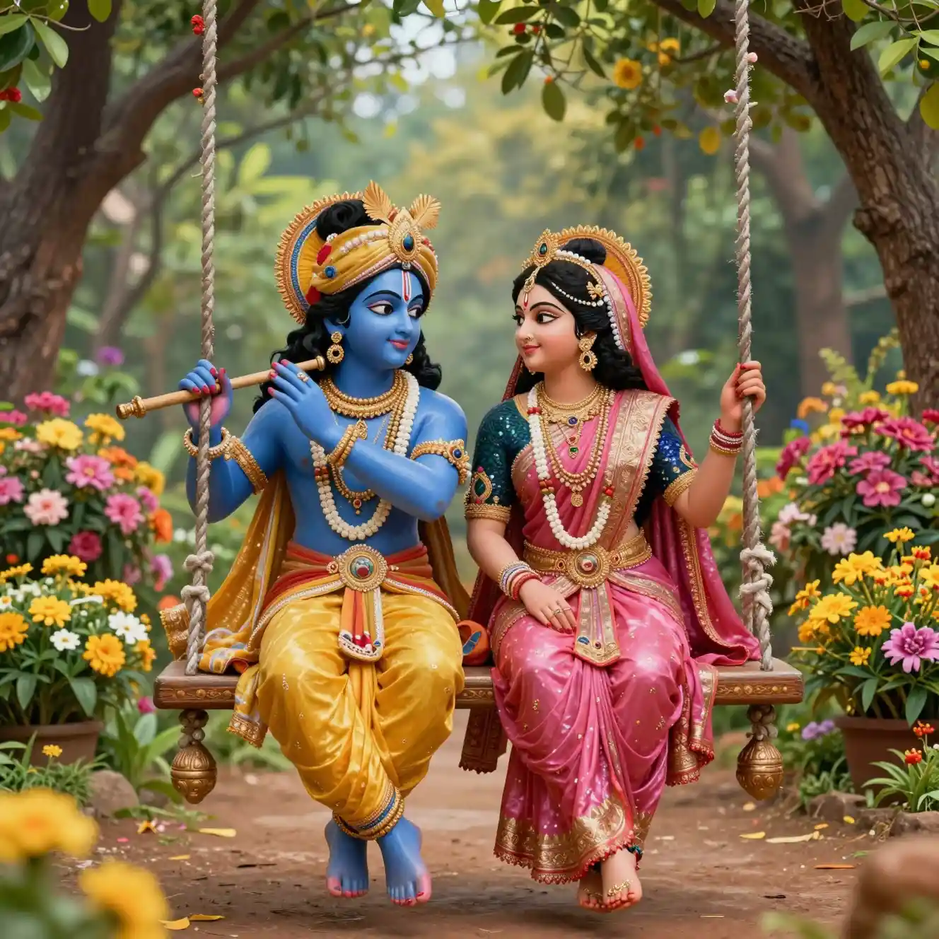 Loving couple seated on a swing in a flower garden