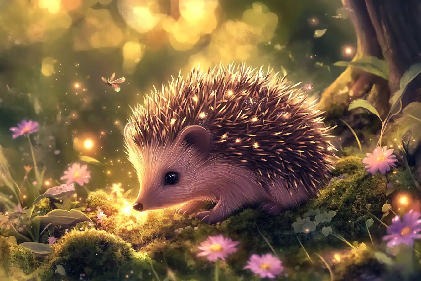 Dolce cucciolo di riccio che annusa fiori luminosi al crepuscolo nella foresta