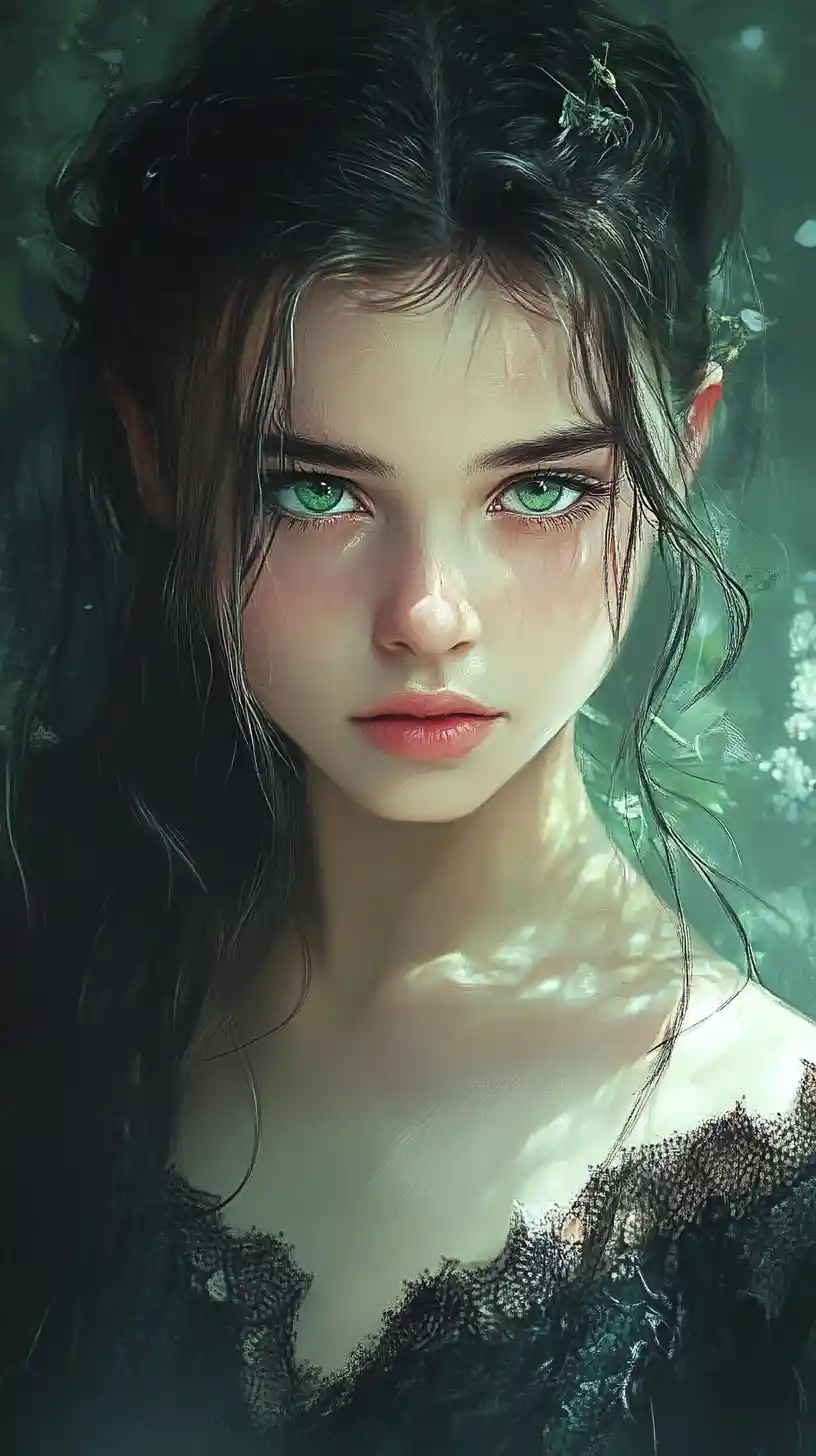 Mystical green eyed girl in a dark forest portrait