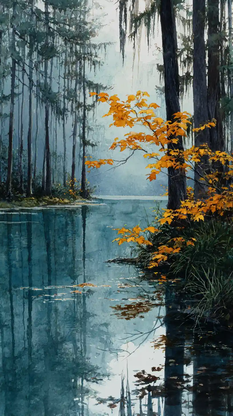 Tranquil Forest Lake Reflection In Soft Watercolor Light