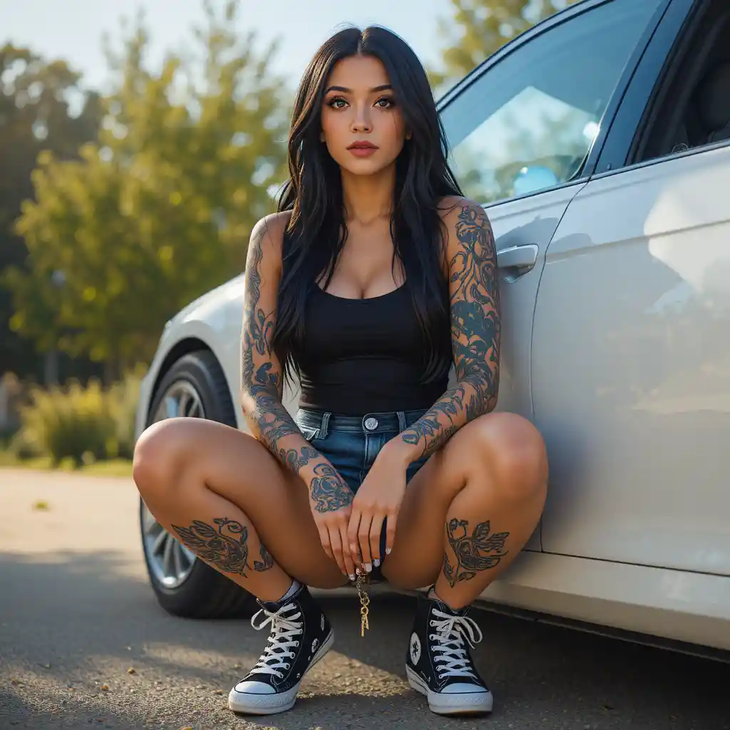 Latina woman squatting beside a white car in casual streetwear