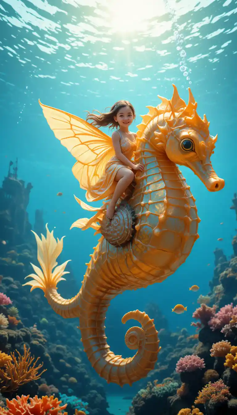 Joyful girl riding a colossal seahorse underwater