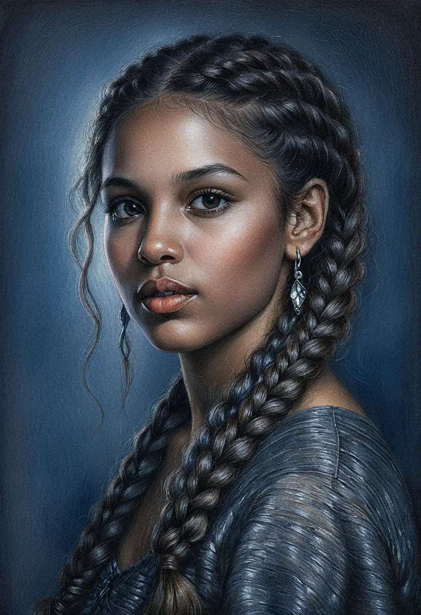 Young woman portrait with braids and dramatic chiaroscuro