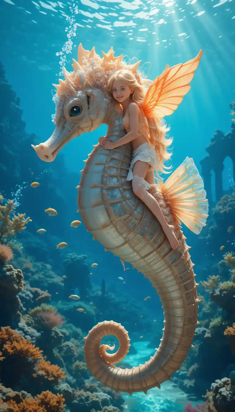 Joyful girl riding a colossal seahorse underwater