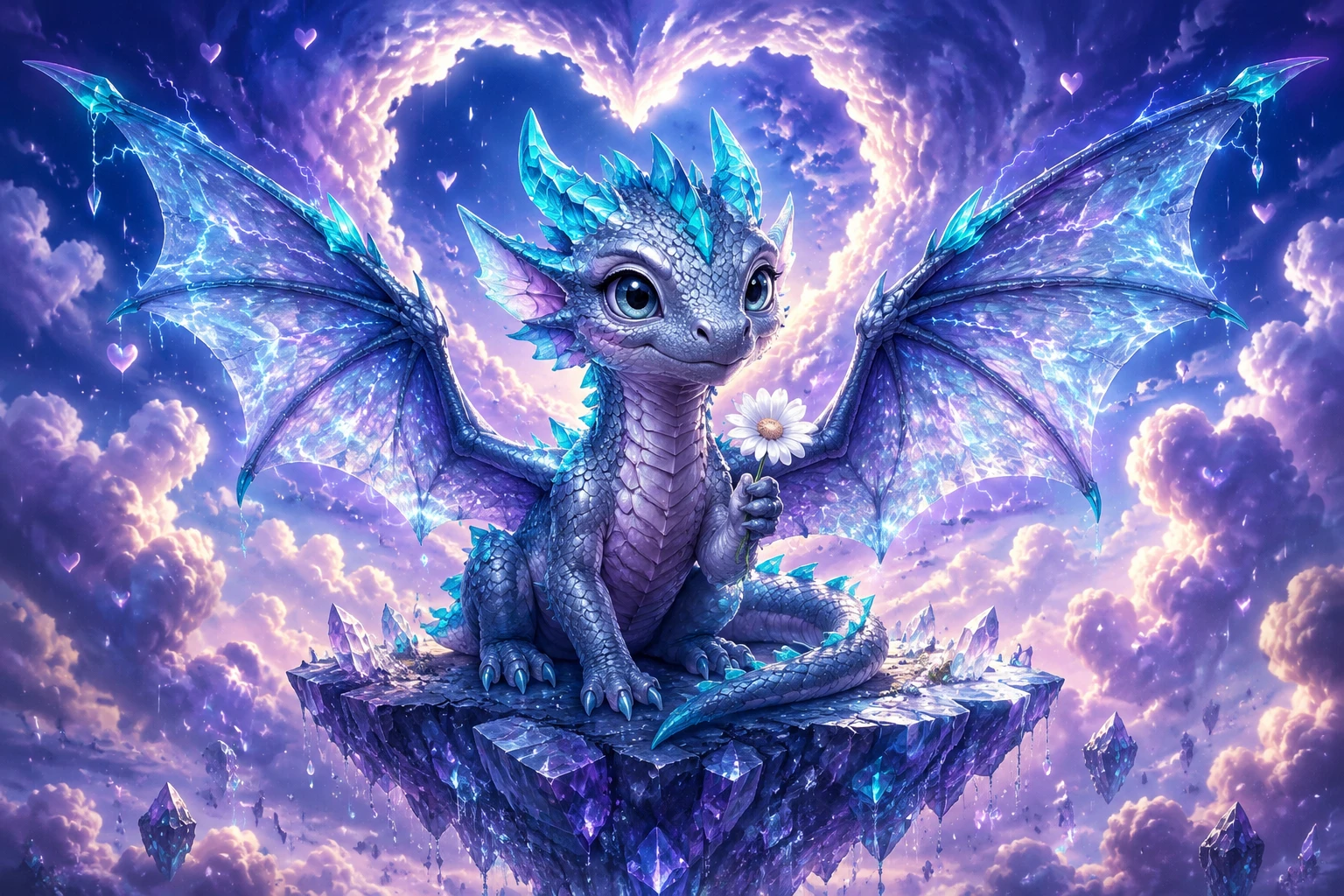 Cute storm dragon hatchling holding a daisy on crystal