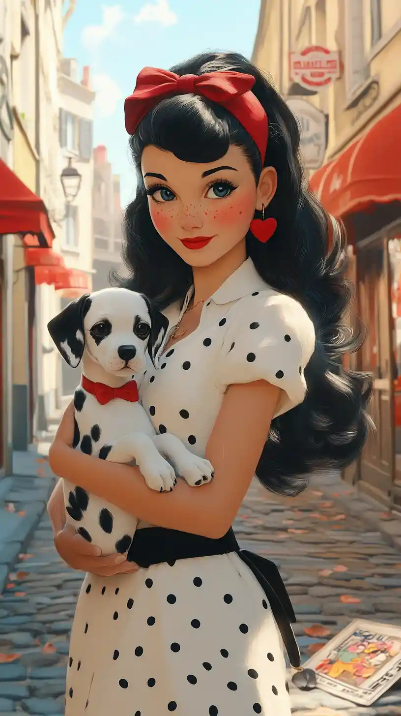 Retro girl with dalmatian puppy on a cobblestone street