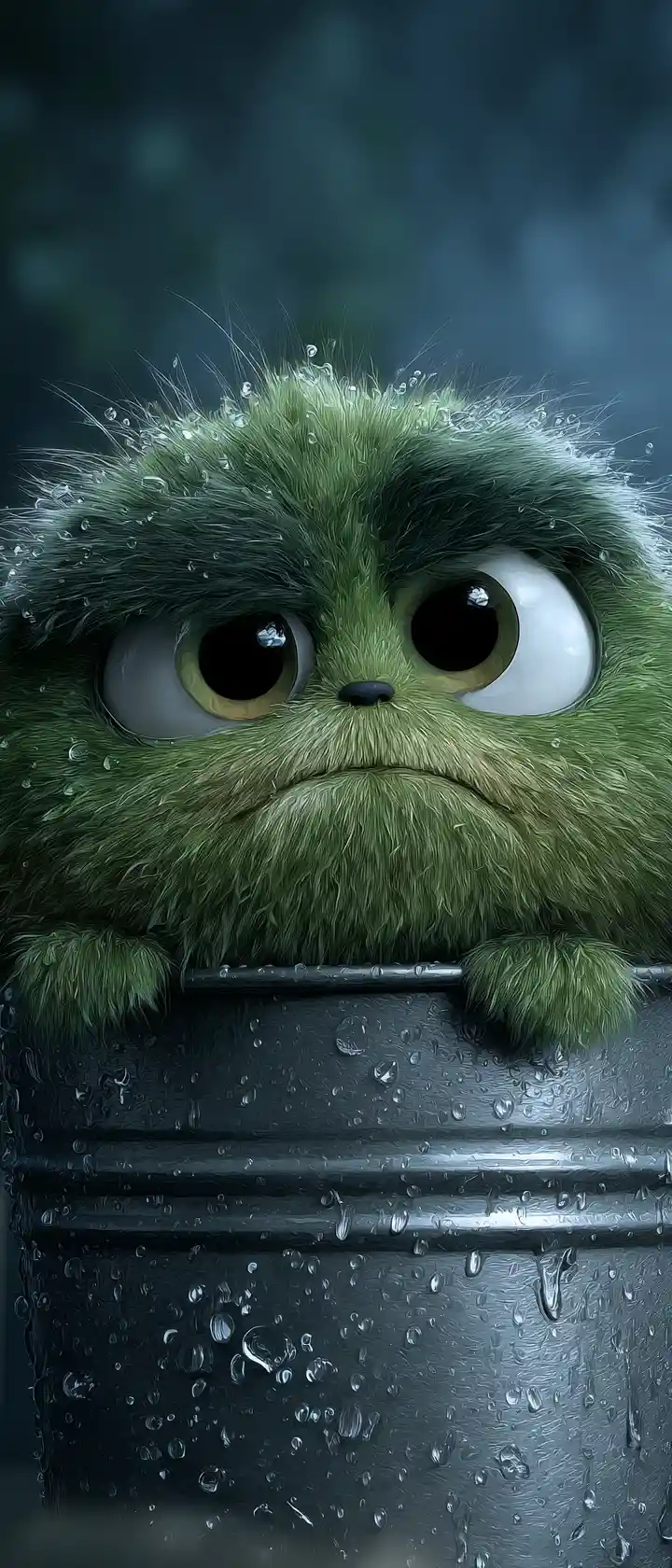 Cute grumpy green creature glowing inside a metal trash can