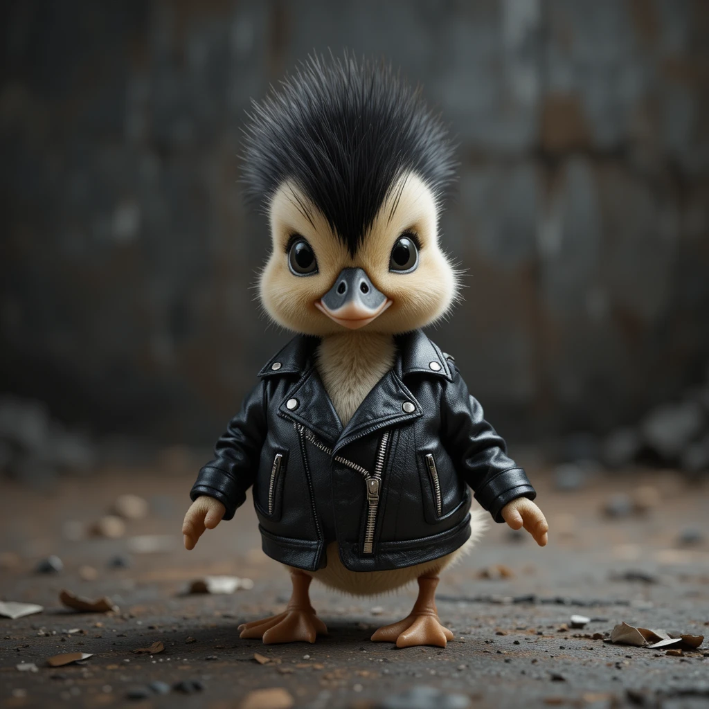 Cute duckling in leather biker jacket with rocker hair