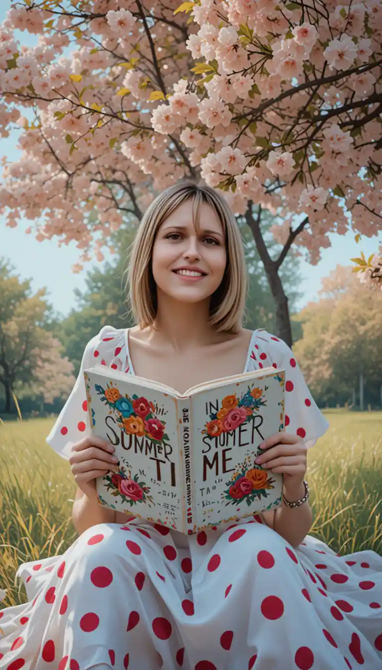 Young woman reading beneath a cherry tree in summer shade