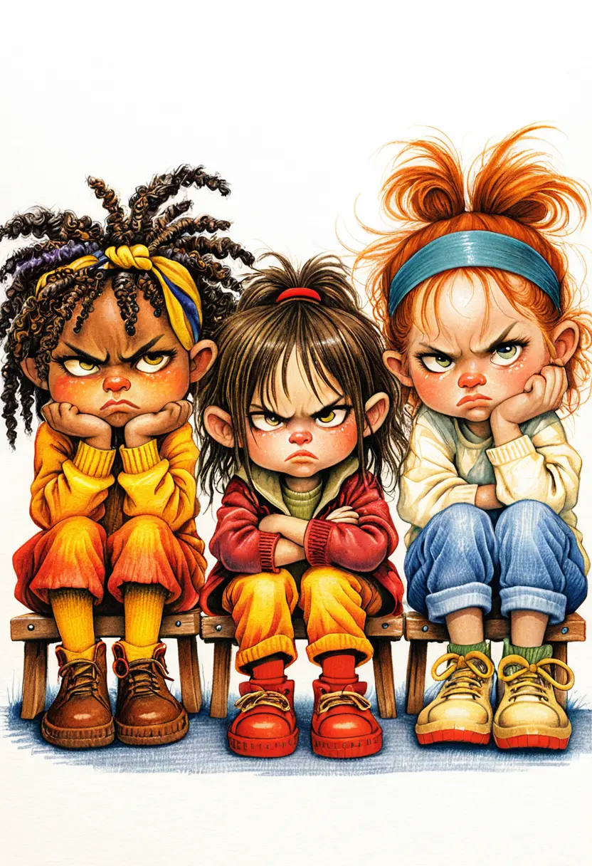 Three grumpy little girls on a wooden bench illustration