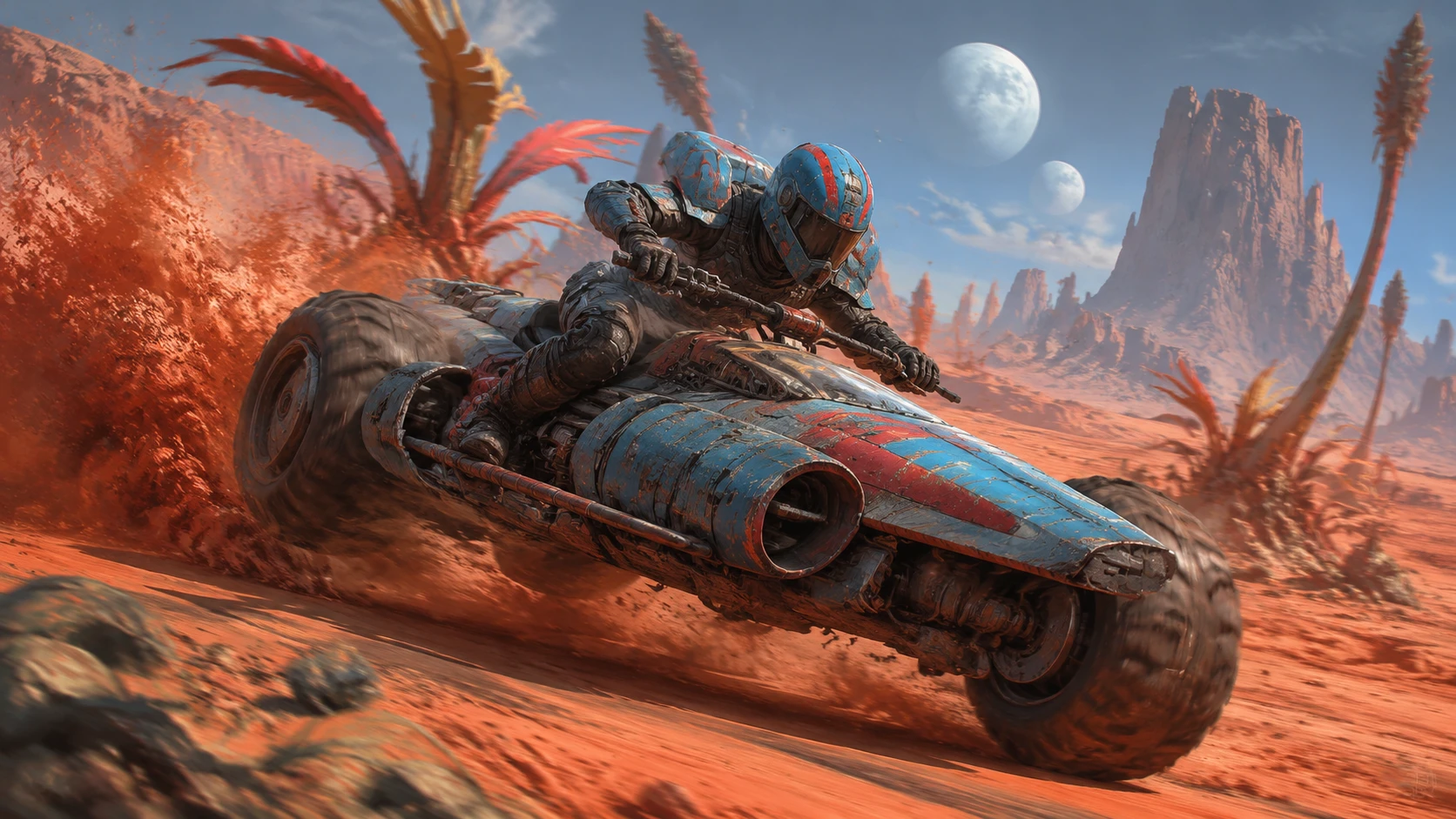 Rider speeding across an alien desert in a blue landspeeder