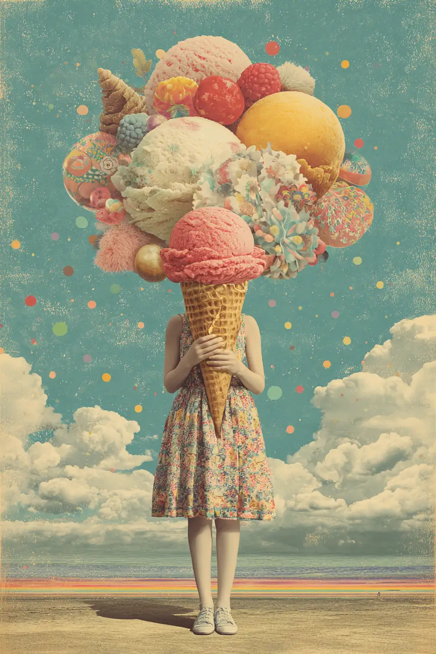Colorful surreal summer ice cream ad with abstract bokeh background