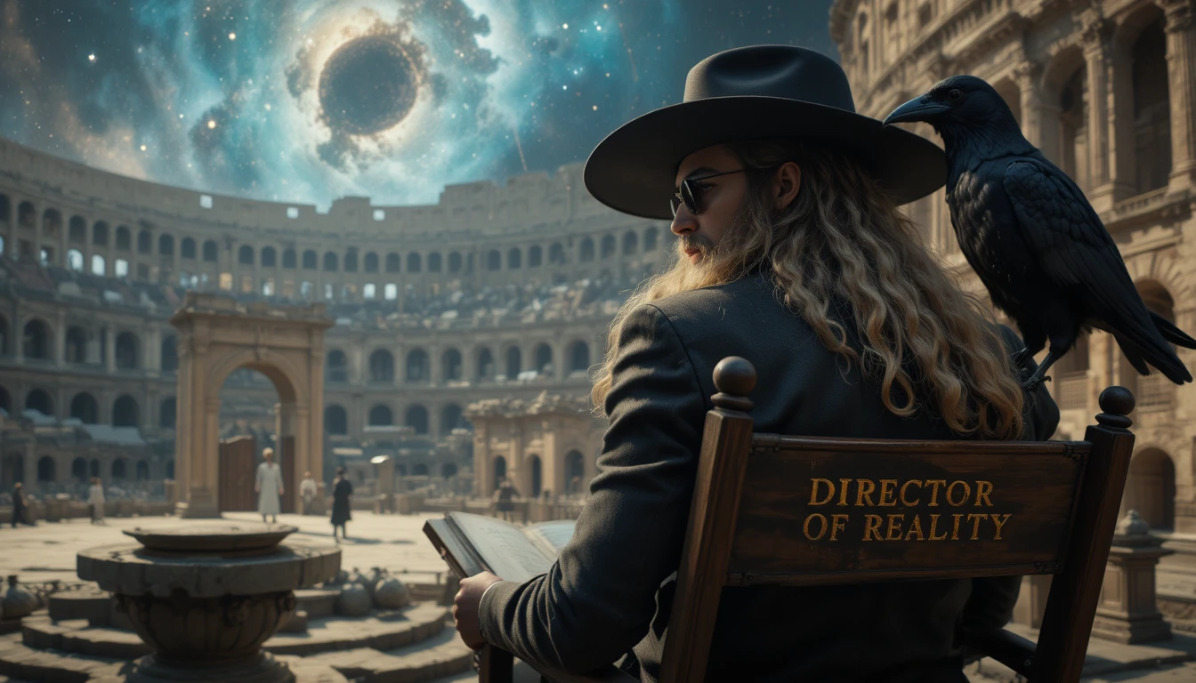 Young man with raven in director chair at colosseum