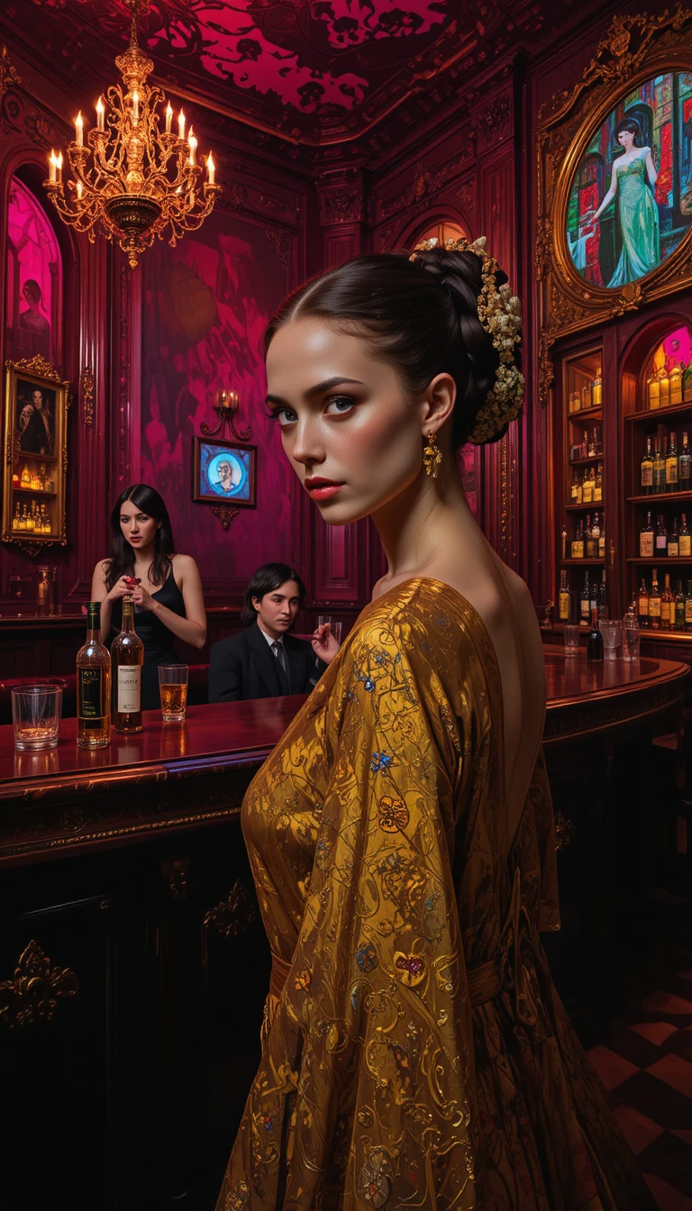 Alien bar scene with a beautiful girl in dramatic light