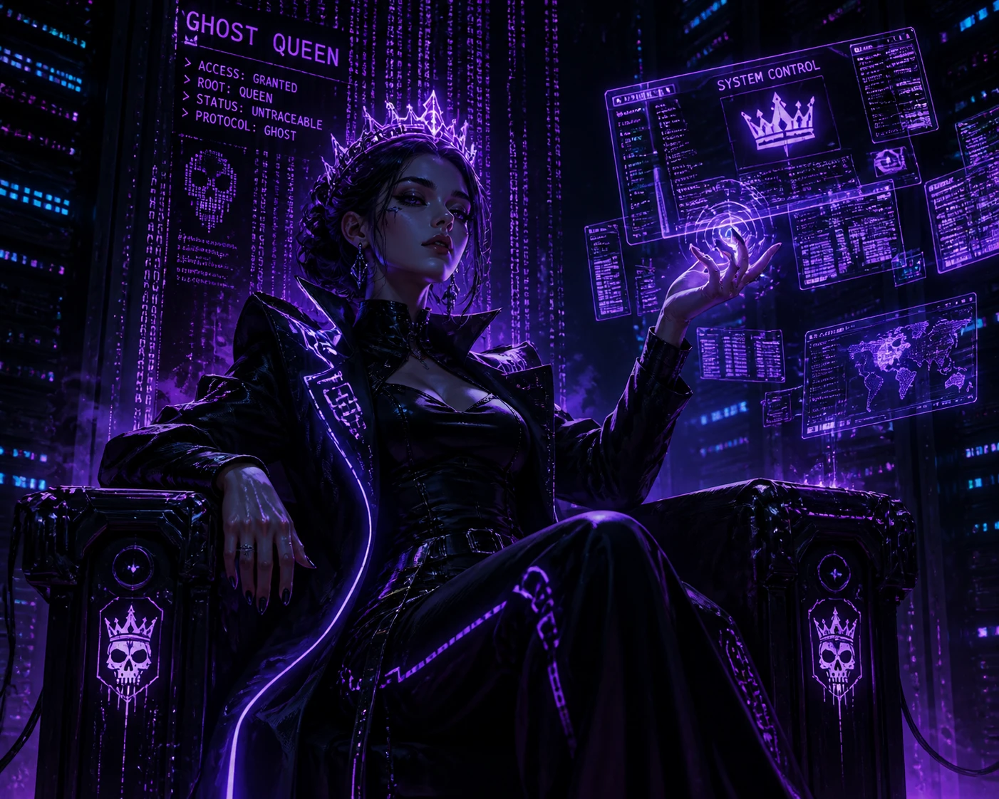 Cyber queen in a dark server room with glowing code