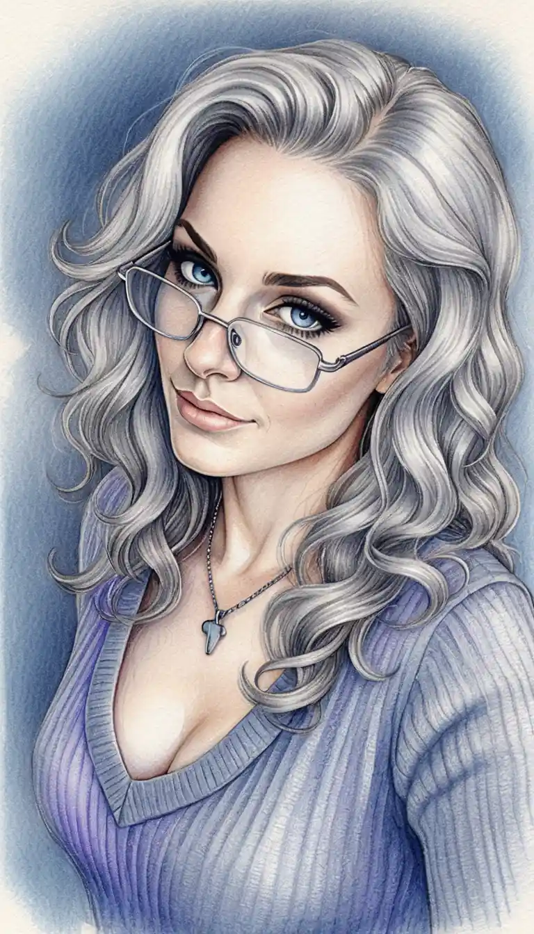 Woman with silver hair and glasses in pencil portrait