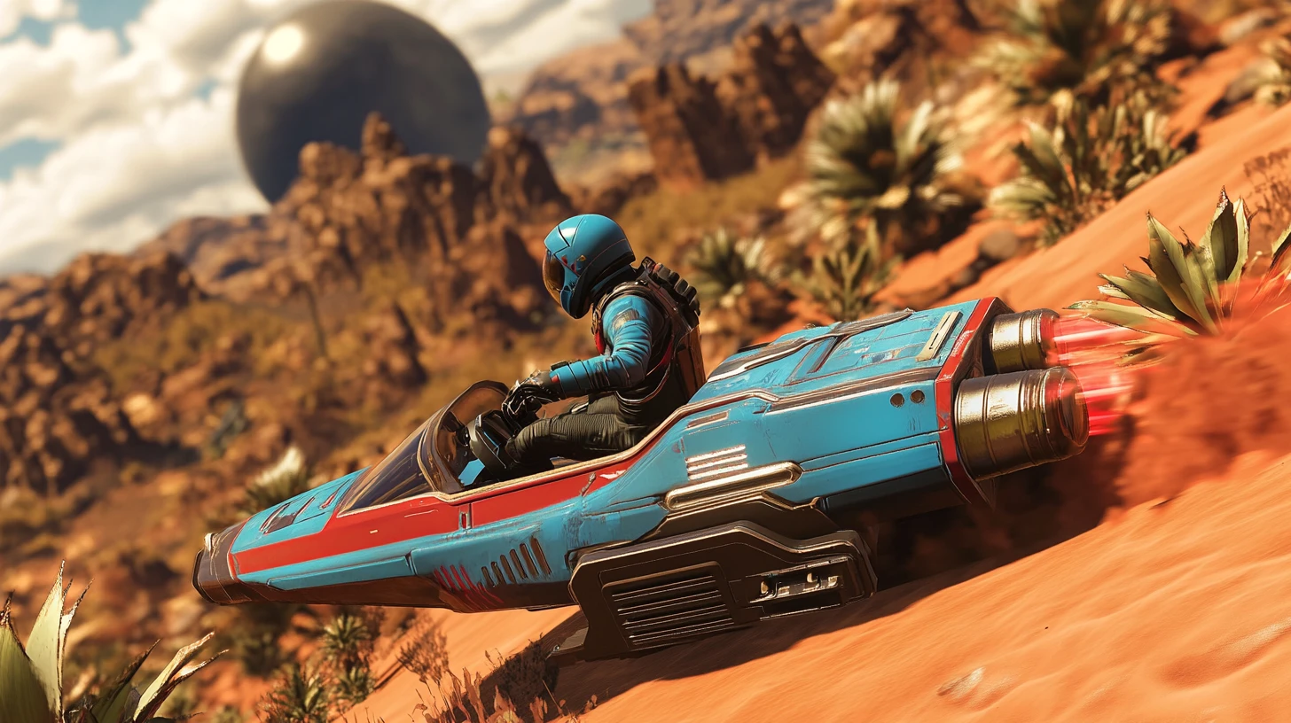 Futuristic speeder racing through an alien desert landscape