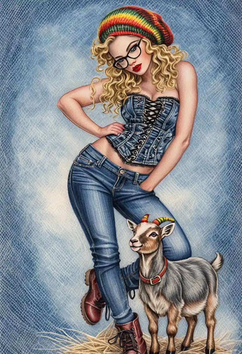 Curvy pin up woman with goat in colored pencil art