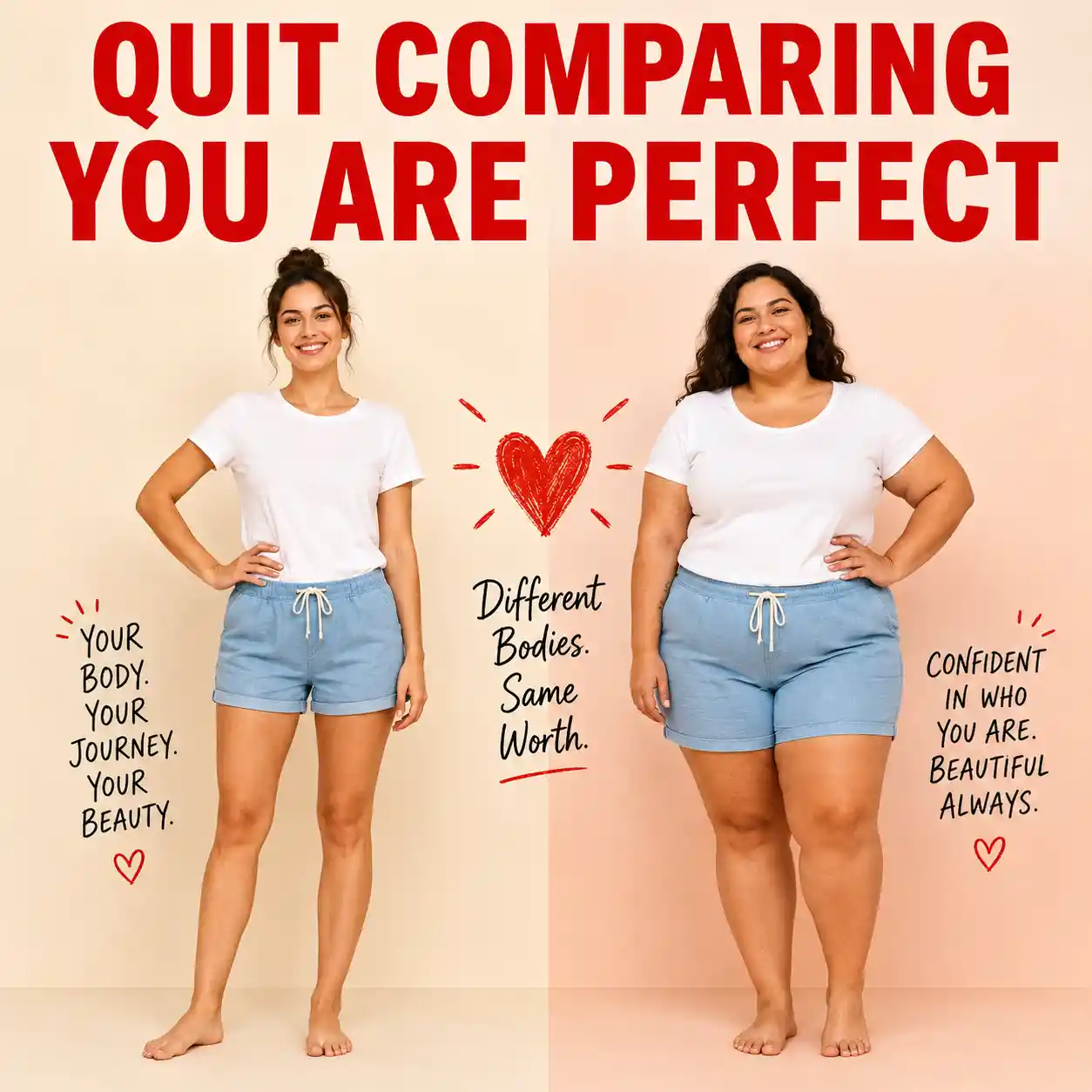 Split screen body comparison with bold self love message