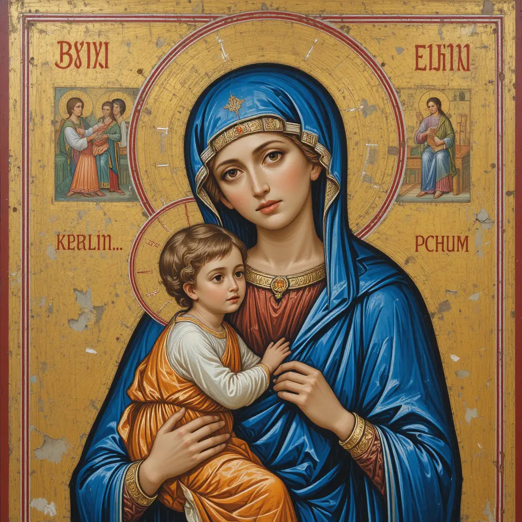 Icono bizantino de la Virgen con el Niño y halo dorado