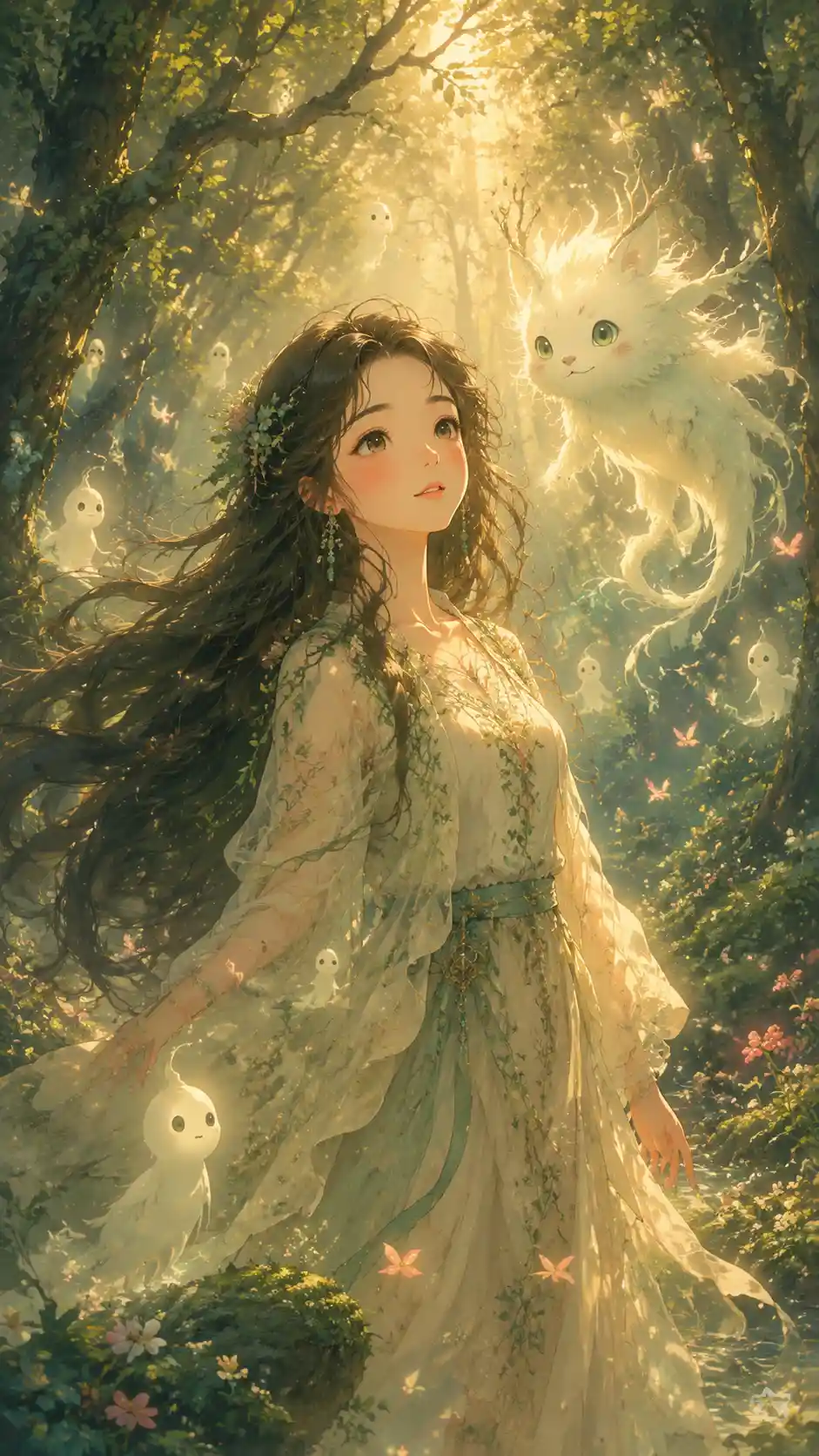 Gentle woman with forest spirit in glowing enchanted woods