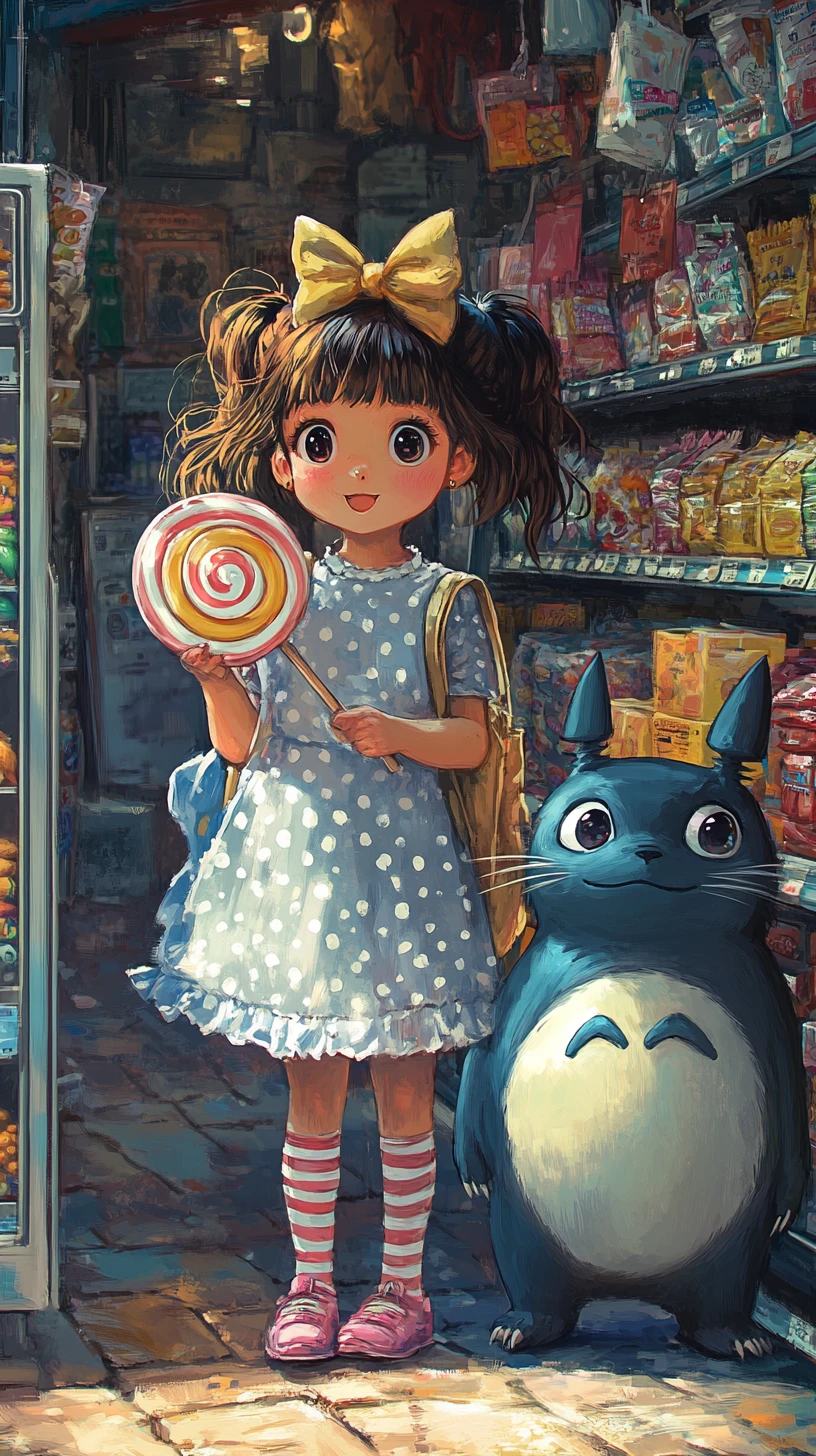Cute anime girl shopping beside creature in supermarket