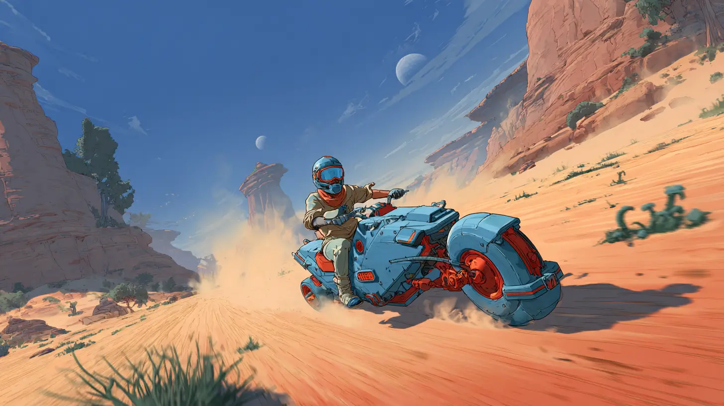Speeder futuristico che sfreccia in un paesaggio desertico alieno