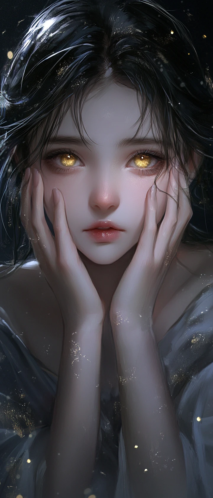 Melancholic girl with glowing hair in a dark atmosphere