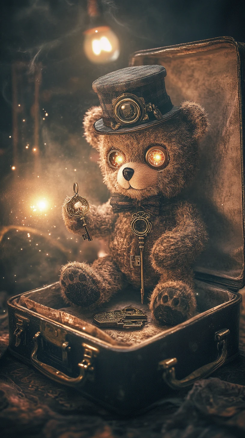 Patchwork teddy bear in a vintage suitcase of trinkets