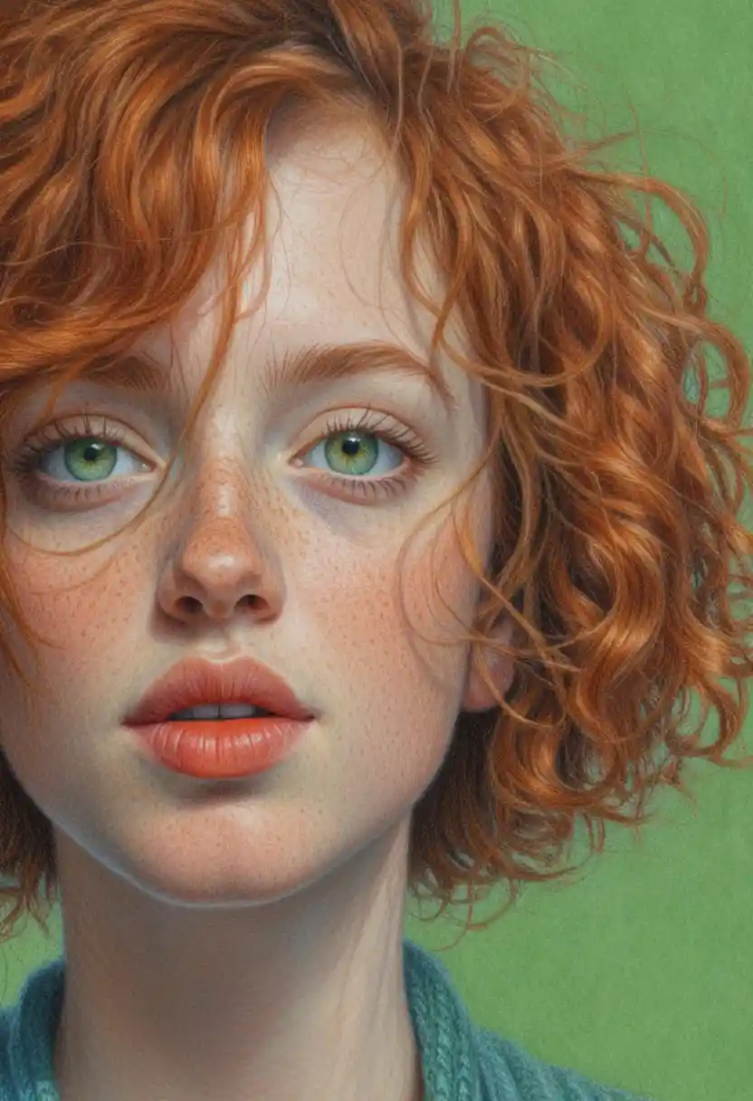 Freckled young woman with green eyes and curly auburn hair