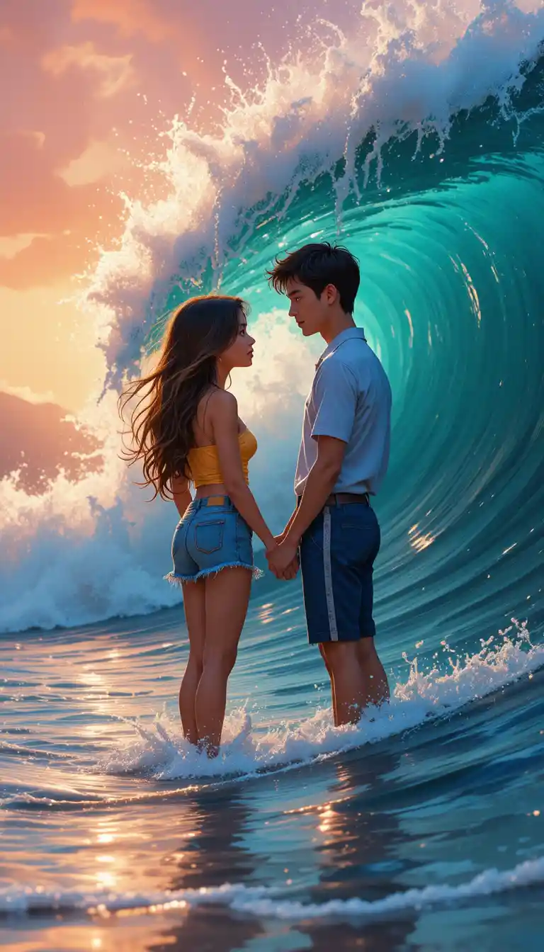 Young couple touching shoulders in gentle beach waves