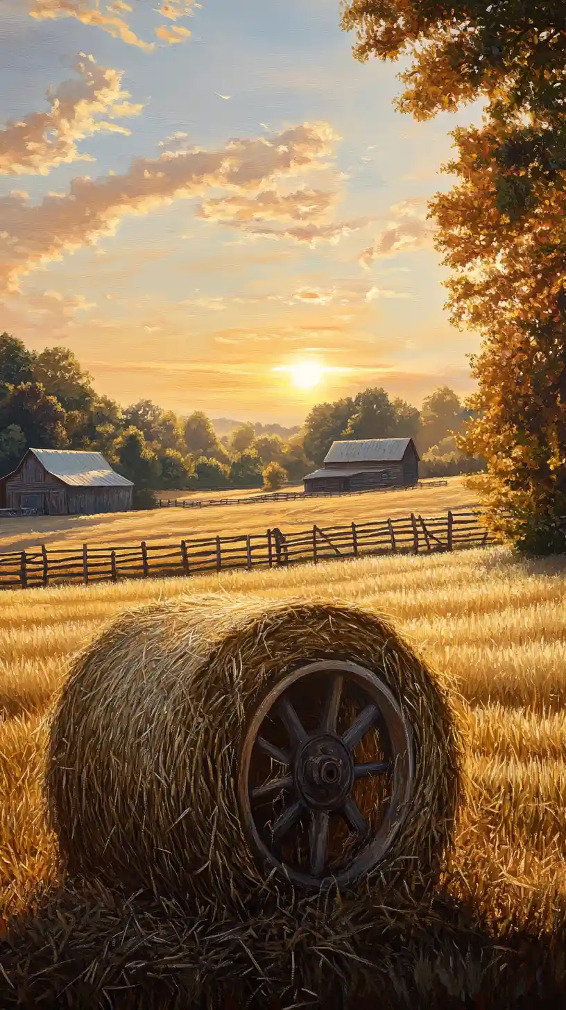 Sunlit hay bale in a peaceful rural farm landscape